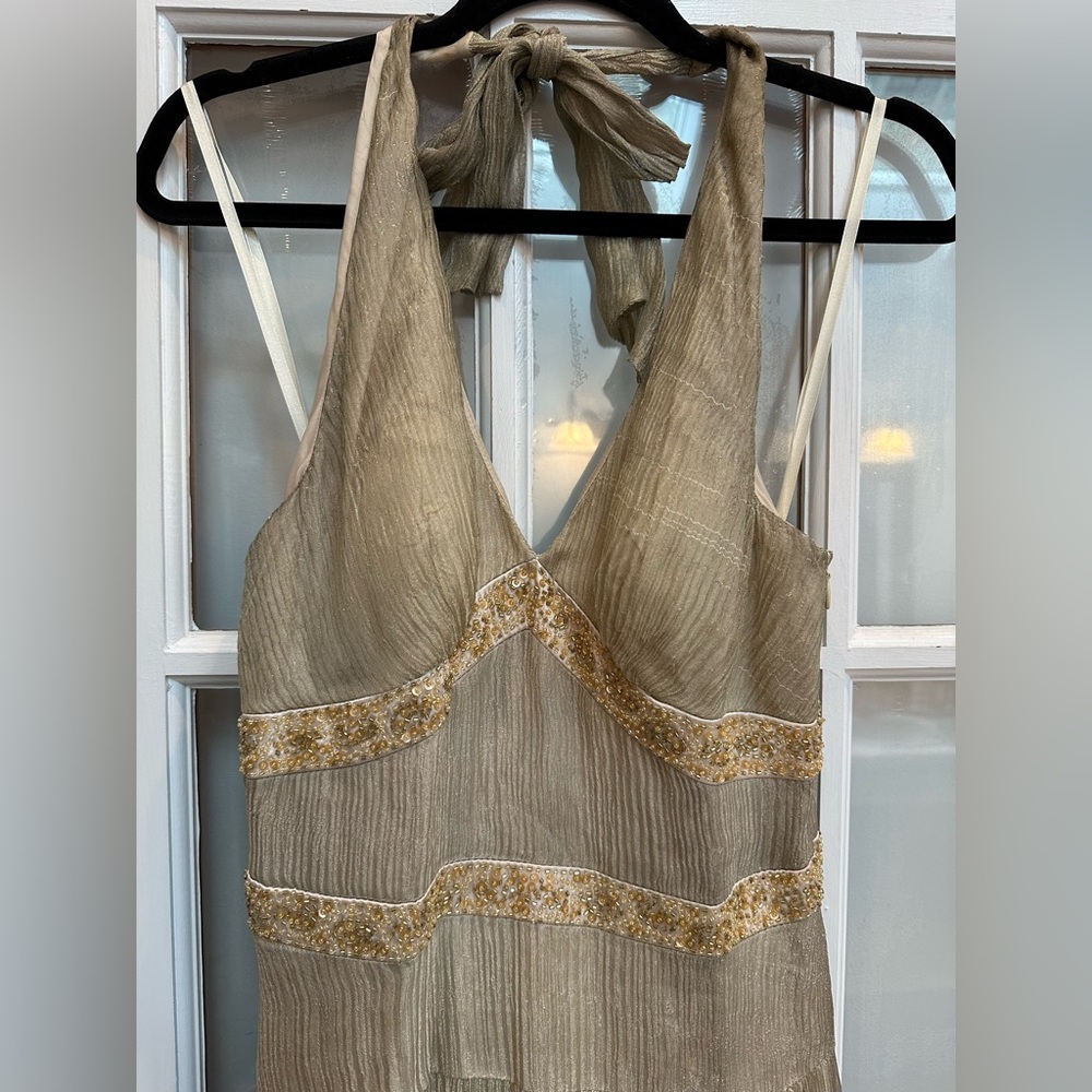 Vintage Cache Y2K Sequin Beaded Gold Romantic Formal Silk Gown Size 2 XS NWT - Picture 3 of 13